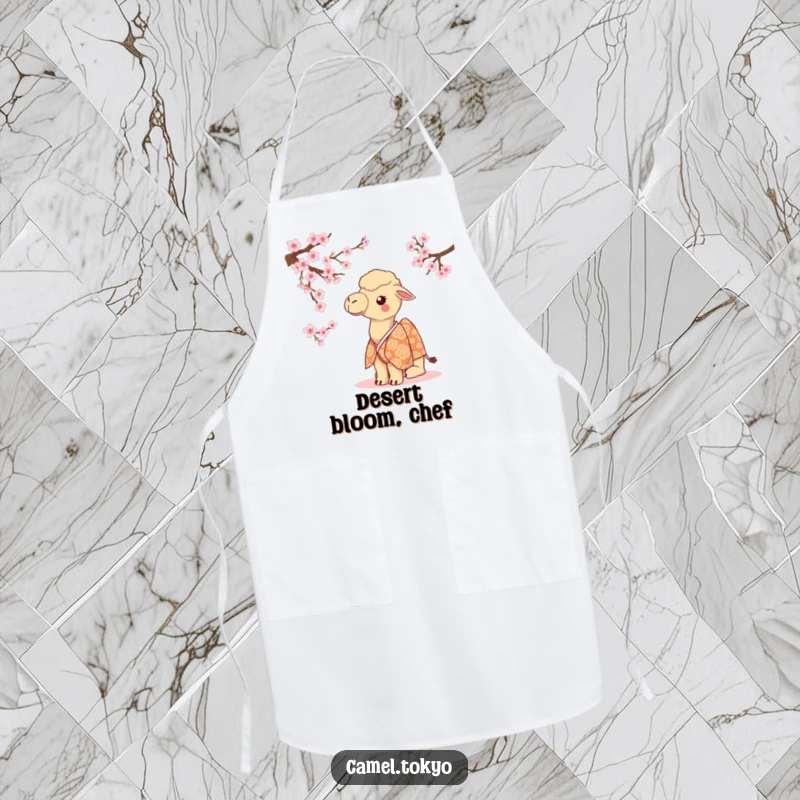 Funny camel in a patterned kimono, curiously peeking at cherry blossoms while ready to cook.