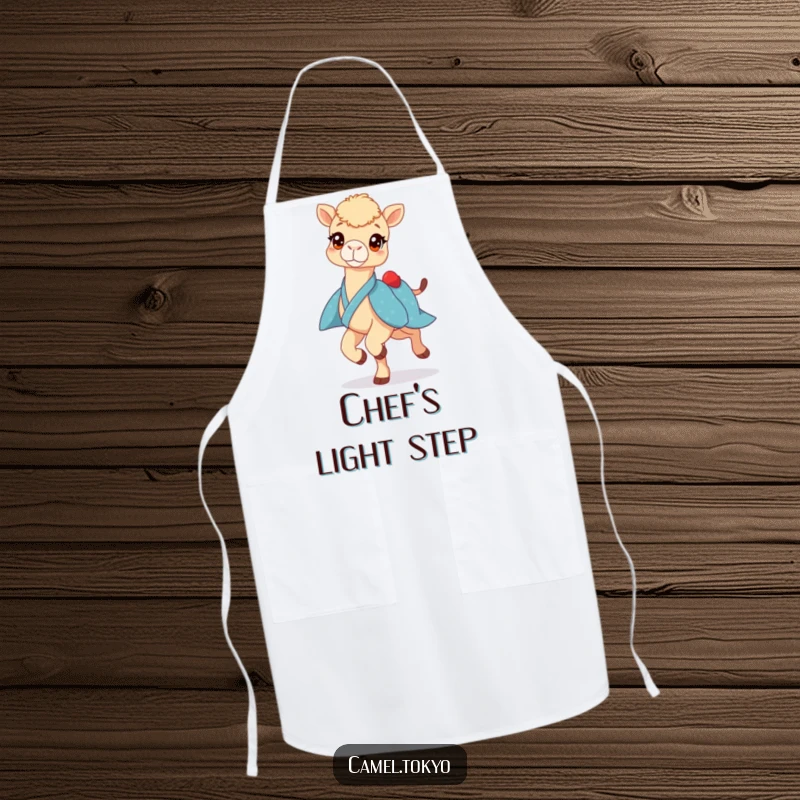 Funny apron with a bright-eyed camel in a blue kimono, prancing lightly, designed for joyful and humorous cooking.
