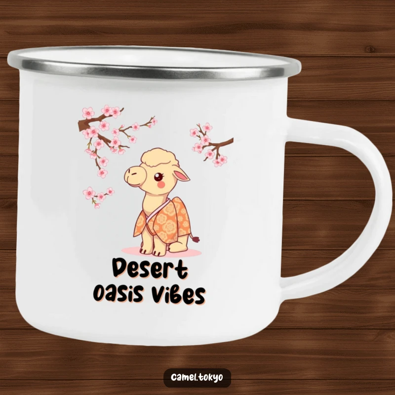 Funny camel in a kimono, looking at cherry blossoms, designed for rugged outdoor enjoyment.