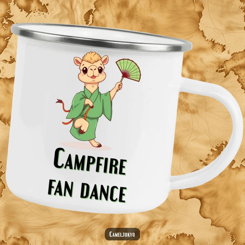 Funny camping mug with a camel in a green kimono playfully kicking a fan, a humorous and durable drinkware.