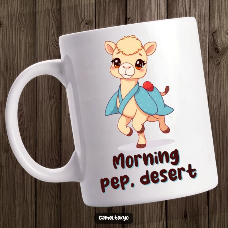 Funny mug showing a bright-eyed camel in a blue kimono, prancing lightly with joy, a whimsical character gift.