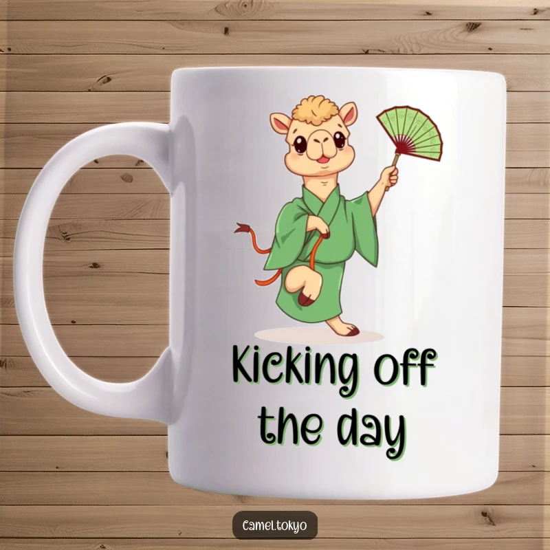 Funny mug showing a camel in a green kimono playfully kicking a decorative fan, a mischievous character gift.