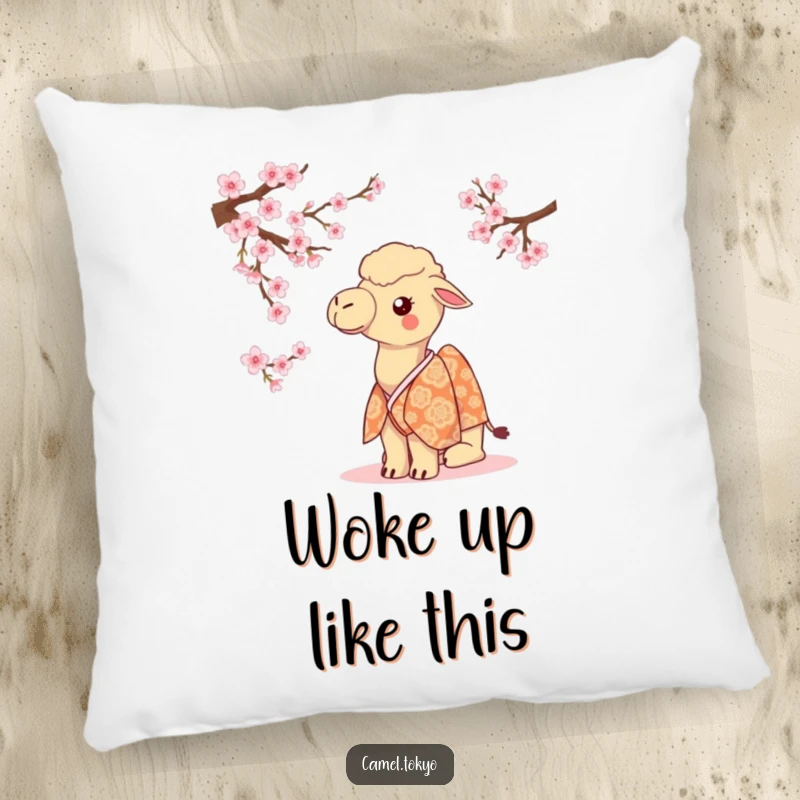 Funny camel wearing a kimono, looking inquisitively at soft cherry blossoms, adds comfort and humor.