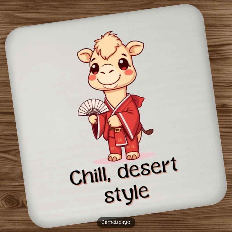 Funny drink coaster with a smiling camel in a red kimono, holding a fan, protecting surfaces with humor.