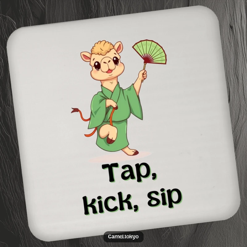 Funny drink coaster with a camel in a green kimono playfully kicking a fan, protecting surfaces with humor.