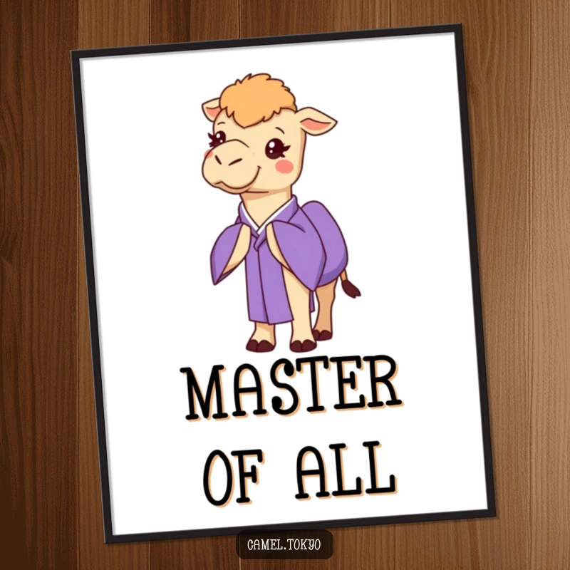 Funny, cheerful camel in a purple kimono, bowing slightly, bringing a touch of class and humor.