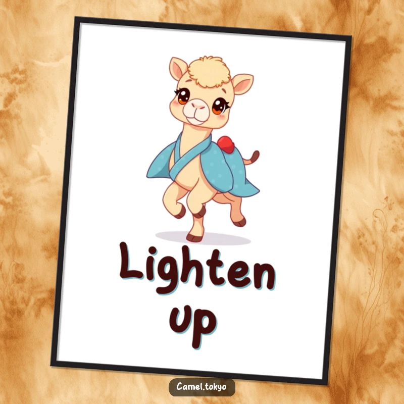 Funny poster art of a bright-eyed camel in a blue kimono, prancing lightly, adding cheerful and whimsical decor.