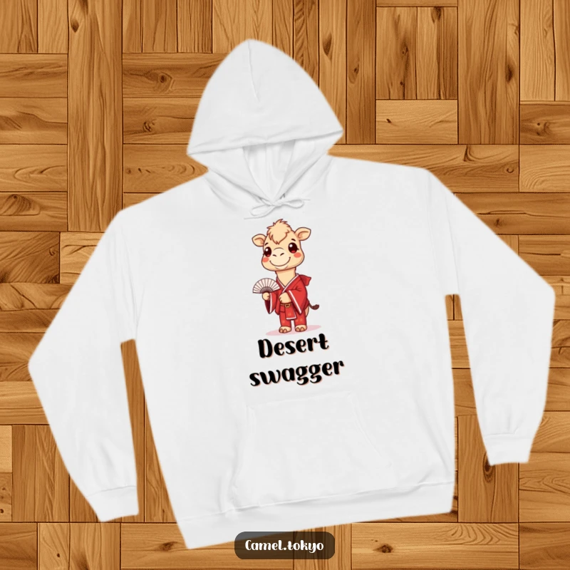 Funny hoodie depicting a smiling camel in a red kimono, holding a fan, offering warm and humorous desert vibes.