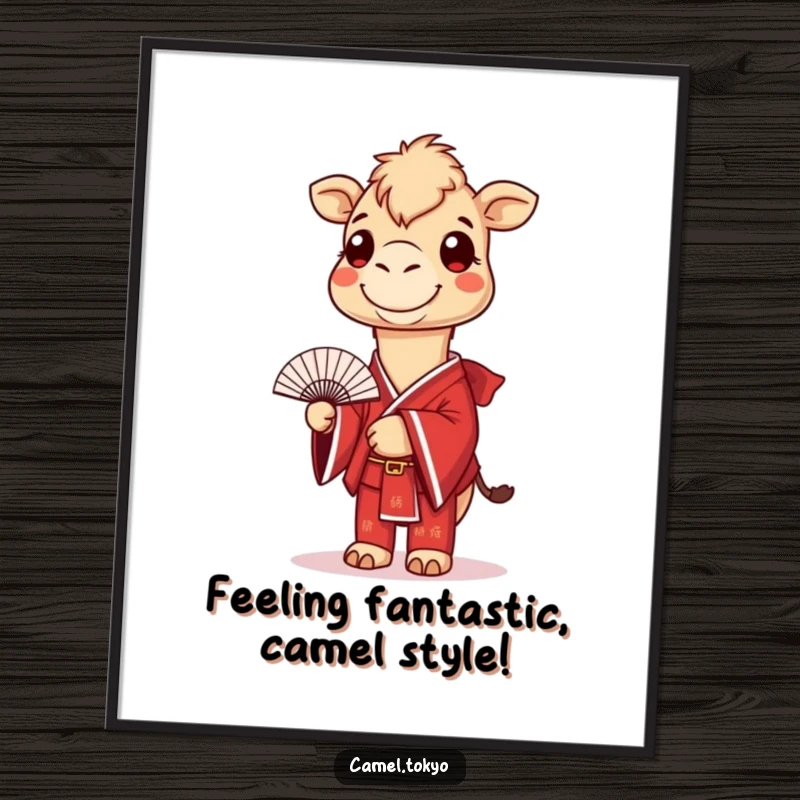 Funny Free Printable Wall Art: Smiling camel wearing a red kimono, gracefully holding a small fan, adding elegance and humor to any wall.
