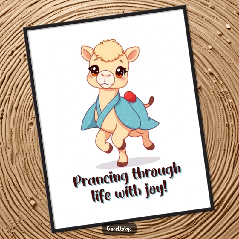 Funny Free Printable Wall Art: Camel with bright eyes wearing a blue kimono, prancing lightly, bringing a sense of playful movement and joy to any space.