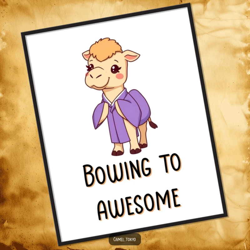 Funny Free Printable Wall Art: Cheerful camel in a purple kimono, bowing gracefully, unique wall decor.