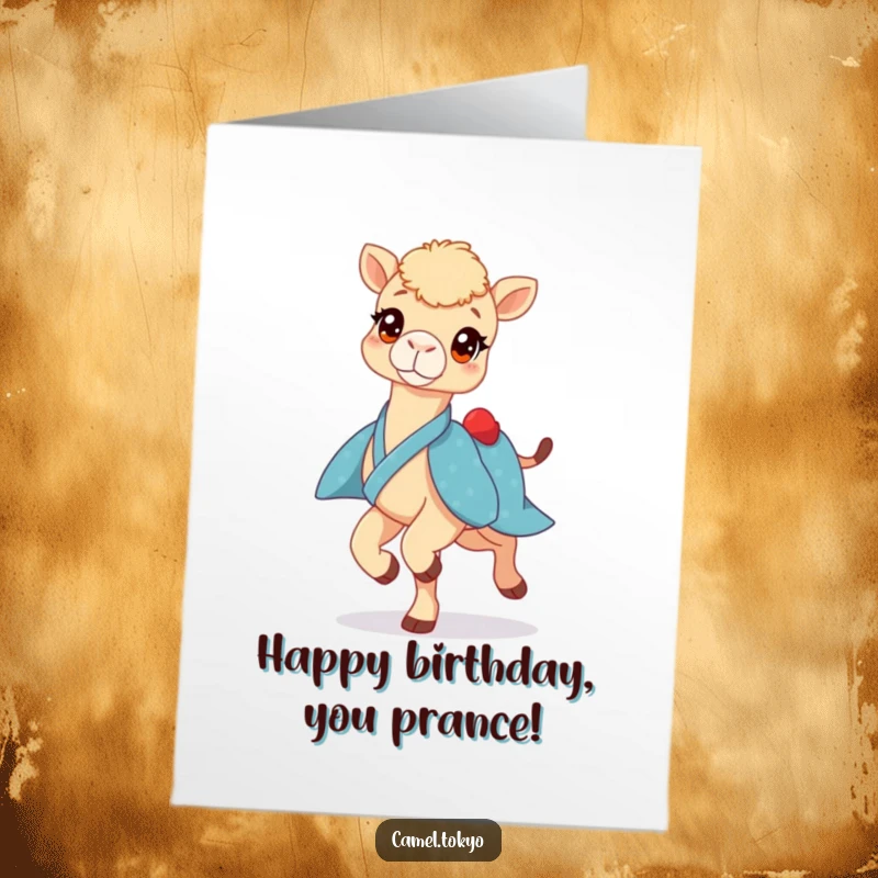 Funny Free Printable Birthday Card: Camel with bright eyes in blue kimono prancing lightly, spreading birthday cheer with joyful energy and a smile.