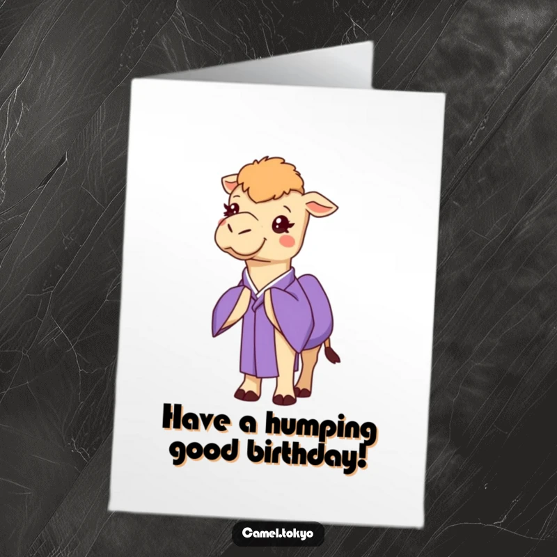Funny Free Printable Birthday Card: Cheerful camel in a purple kimono, bowing politely, ready for birthdays.