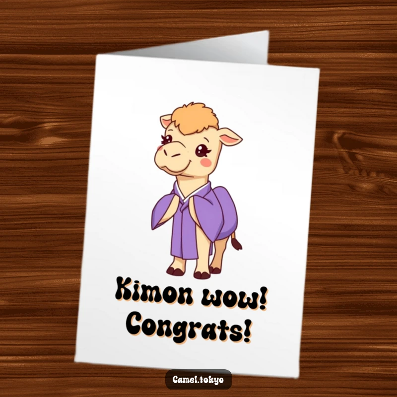 Funny Free Printable Congrats Card: Cheerful camel in a purple kimono, bowing respectfully, for congratulations.
