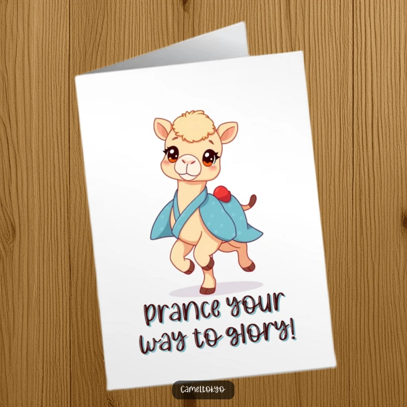 Funny Free Printable Congrats Card: Camel with bright eyes in blue kimono prancing lightly, celebrating achievements with playful energy and pure delight.