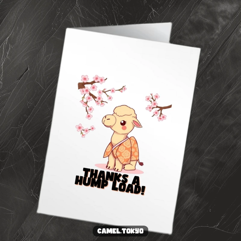 Funny Free Printable Thank You Card: Camel in a kimono looking at cherry blossoms, expressing thanks.
