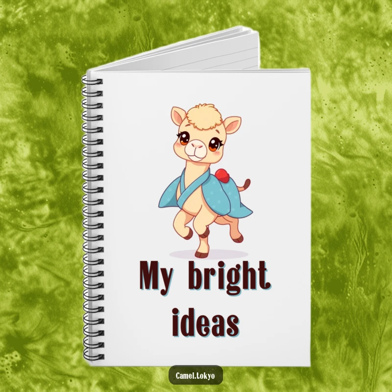 Funny notebook featuring a bright-eyed camel in a blue kimono, prancing lightly, perfect for writing with humor.