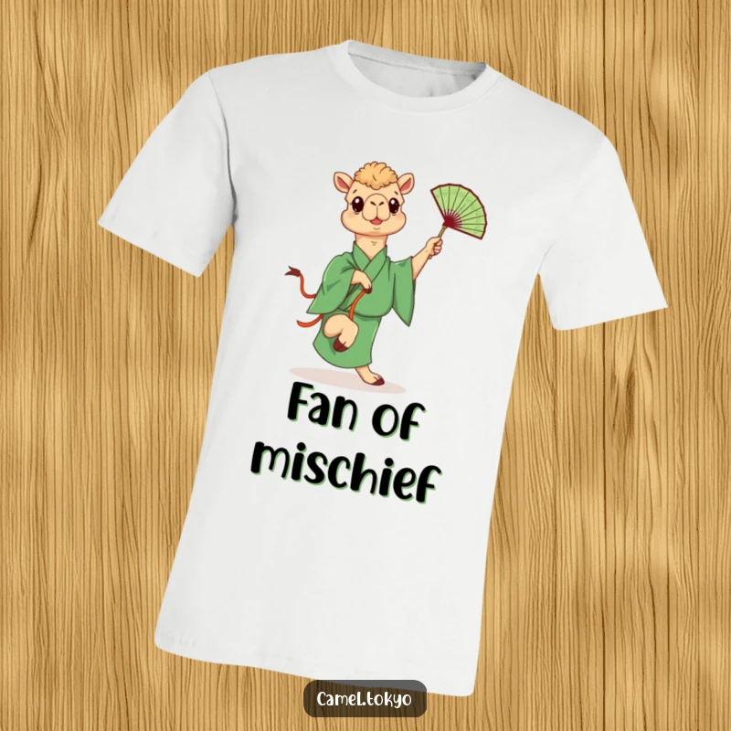 Funny t-shirt depicting a camel in a green kimono playfully kicking a decorative fan, a bold and humorous apparel.