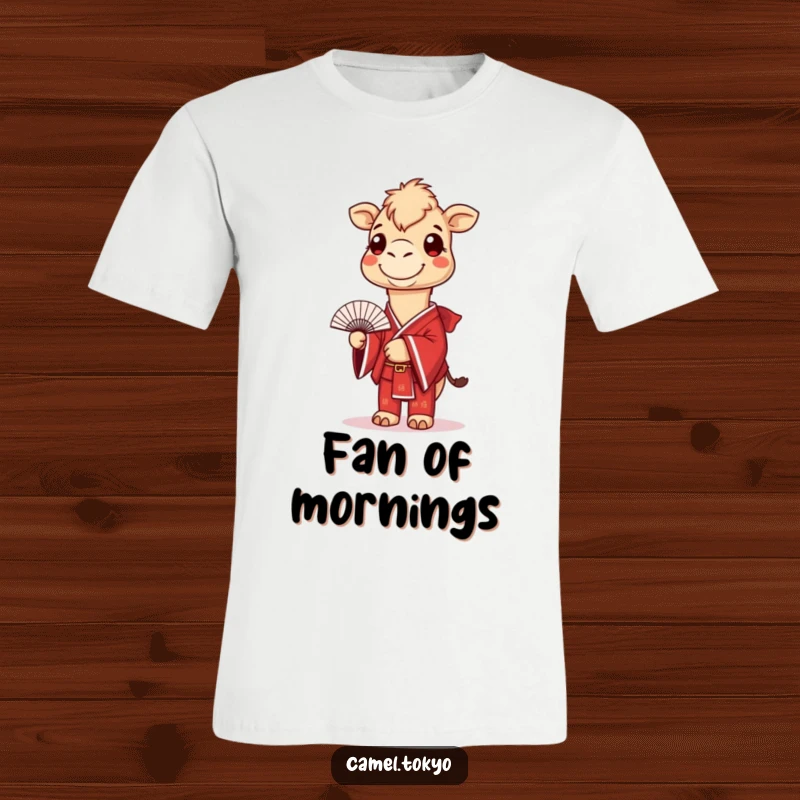 Funny t-shirt showing a smiling camel in a red kimono holding a small fan, a stylish and humorous apparel item.