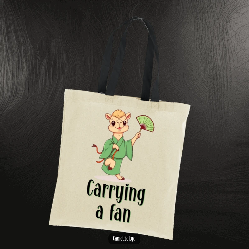 Funny tote bag with a camel in a green kimono playfully kicking a fan, a humorous and practical accessory.
